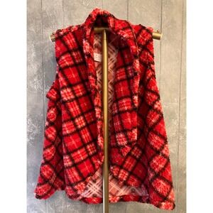 New Plaid Sherpa Vest Red Black Checkered Faux Fur Sleeveless Jacket 897908